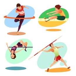 cartoon trained athletes doing sport exercise set. long jump, running jogger marathon, throwing javelin, jumping over obstacles. track and field. sports competition. vector flat illustration