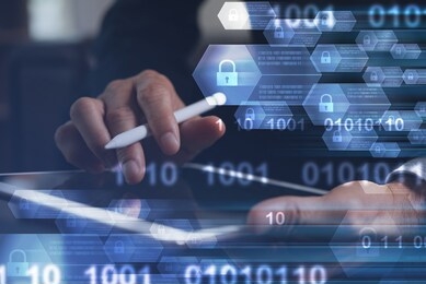 blockchain technology concept with a chain of encrypted blocks. business man working on digital tablet computer. fintech, financial cryptocurrency and cyber security