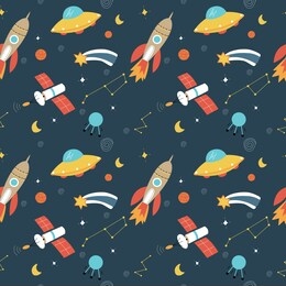 space background for children. vector seamless pattern with cartoon rockets, planets, stars, comets and ufos.