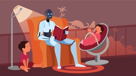 artificial intelegence as a part of human routine. domestic personal robot reading for children. ai taking care of a baby. future technology concept. set of vector illustration in cartoon style