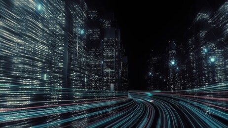 3d rendering of warp speed in hyper loop with blur light from buildings' lights in mega city at night. concept of next generation technology, fin tech, big data, 5g fast network, machine learning