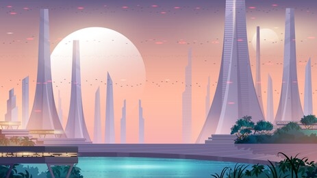 future cityscape illustration. alien city landscape with flying cars vector background. 