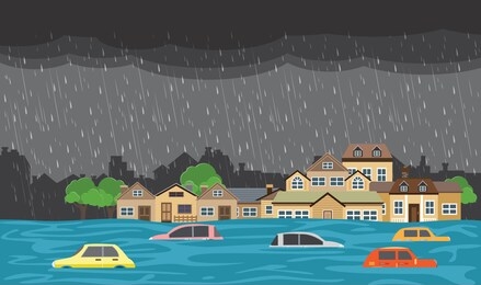 flood disaster, flooding water in city street, vector design