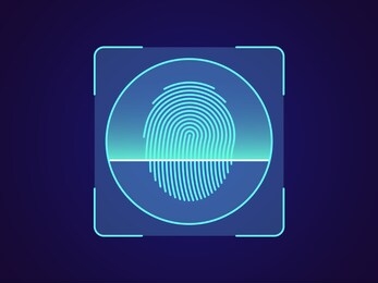 fingerprint recognition. biometric scanning system for finger, holographic interface of person identification. fingerprint id technology. system recognition and verification. vector illustration