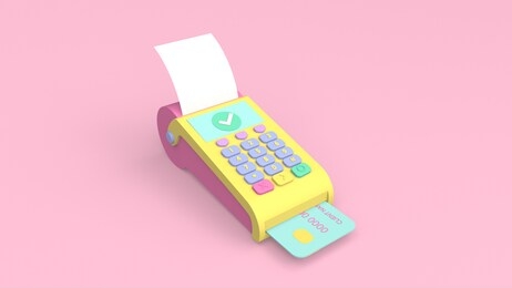 3d render illustration of payment  terminal (pos) with a plastic card and a check inside. retro 80's style. cute and pastel colors. 