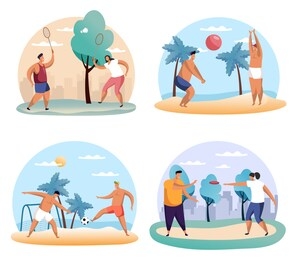 man and woman playing badminton in park and frisbee in forest, beach soccer and volleyball on sand. couple playing shuttlecock and disc game, football. outdoor activity. simple cartoon people.exercise