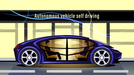 autonomous vehicle self driving against the background of a city street, glass case. driverless smart luxury passenger car, side view. future concept vector illustration stock.
