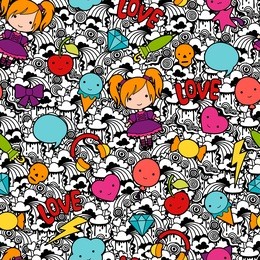 seamless kawaii child pattern with cute doodles.