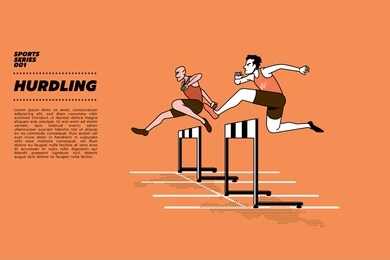 hurdling, two men jumping over hurdles on a track hurdle race.