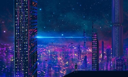 man standing on roof and look to abstract modern sci-fi colorful city with night sky and stars. 3d illustration.
