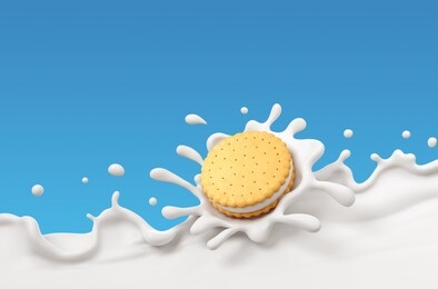 sandwich cookies with milk splash background, 3d illustration for biscuit package design.