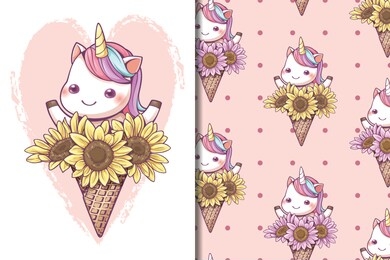 seamless pattern and wallpaper template cute ice cream cone unicorn with sunflower set. kawaii character cartoon design for screen wallpaper social media and gift wrapping pattern.