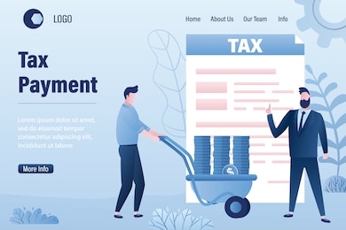 tax payment landing page template. paper document,businesspeople pay taxes. man employee rolls cart with money and documentation. corporate governance and taxation. trendy vector illustration