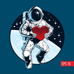 astronaut in outer space holding a red heart. greeting card or banner for valentine's day. cosmonaut vector illustration.