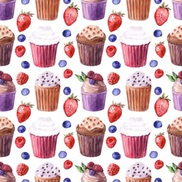 watercolor seamless pattern with various cupcakes and ripe strawberries, blueberries, cherries and raspberries