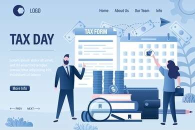 taxday landing page template. businesspeople with tax form and calendar. account books with magnifying glass, pile of coins. male boss and female accountant. filling and submitting tax reports. vector