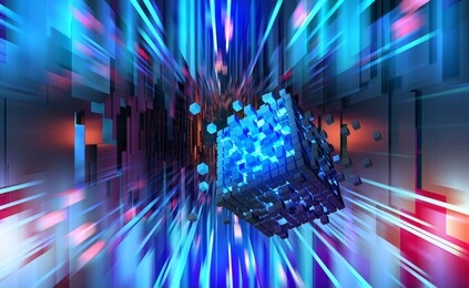 digital technology. high speed data transfer. information flow in 3d illustration. movement in futuristic neon cyberspace