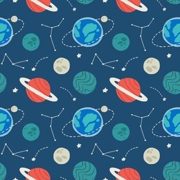 seamless space pattern with planets and stars. vector illustration.