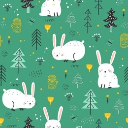childish seamless pattern with rabbit in the forest . vector background for children. scandinavian style. vector illustration.