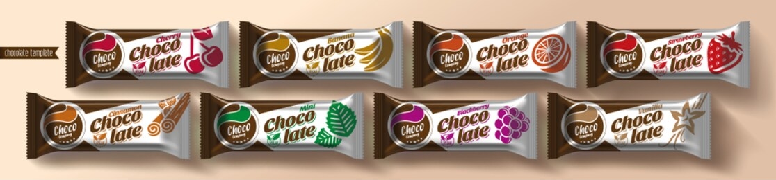 chocolate bar vector packaging design. fruit and spicy chocolate set.
