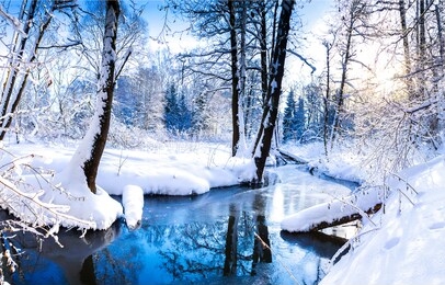 winter snow forest river view. winter forest river landscape. snowy winter forest river scene. winter forest river 