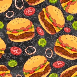 tasty juicy greasy cheeseburger. american cuisine. burger with beef patty, ketchup, pickled cucumbers and onions, melted cheese. fast food. hand drawing. chalk board. seamless background with pattern.