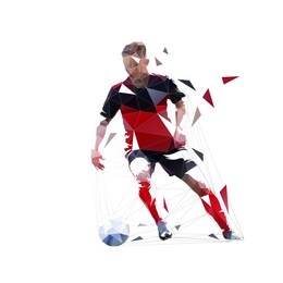 soccer player running with ball, low poly isolated vector drawing, geometric footballer