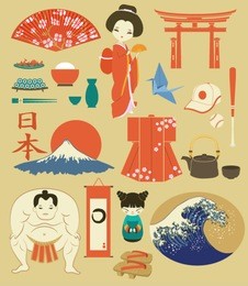 japan: landmarks, symbols and icons - set of japan-themed design elements, including sumo wrestler, geisha, fuji mountain, shinto gate, japanese food and tea set