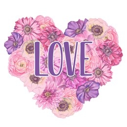 floral card with decorative hand drawn flowers and floral heart. painted watercolor flower heart with love text. perfect valentines day heart.