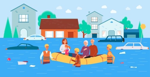 flood rescue banner - cartoon family in boat saved by natural disaster relief team helping them move through water. flooded town landscape - flat vector illustration.