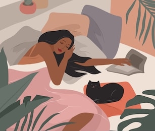 cute girl sleeping in bed after she read book. feminine style. daily life by young woman in bedroom interior with homeplants. cartoon vector illustration