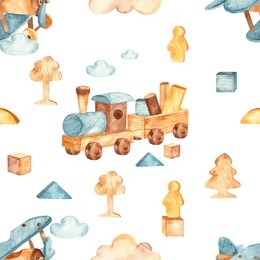 children’s wooden toys on a white background. watercolor seamless pattern with train and airplane