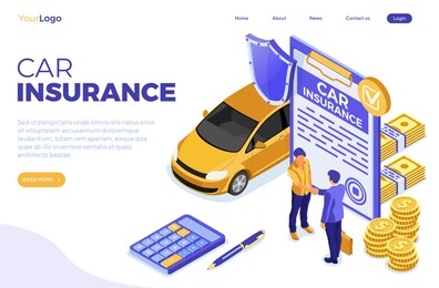 landing page template car insurance isometric for poster, web site, advertising with car insurance policy, calculator, people handshake, money and shield. isolated vector illustration