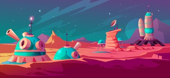 landscape of mars surface with colony buildings. astronaut base on red planet. vector cartoon futuristic illustration of space colonization, cosmos exploration concept. space station in alien galaxy