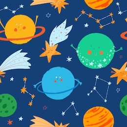 planets and stars in space. seamless vector pattern for kids. galaxy, universe. cute smiling stars, planet, earth, saturn, uranus, constellation, comet. cosmos background. funny cartoon illustration.