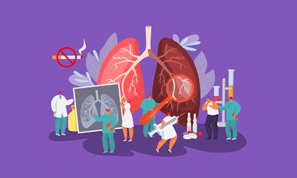 lungs disease, patient and people doctors team vector illustration concept. medical workers listen to ill man lungs, examine, prescribe injections and pills. ban on smoking cigarettes.