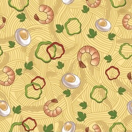 seamless pattern, spaghetti with shrimp, mussels, green and red bell pepper and celery, italian pasta