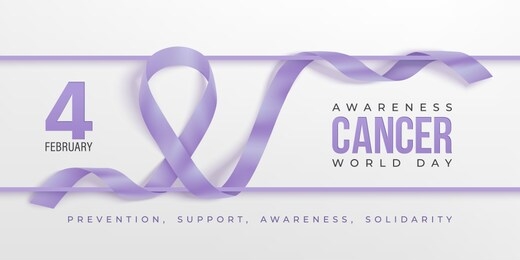cancer awareness day vector horizontal banner. 4th february world cancer day poster with photorealistic lavender ribbon and frame on a light background.