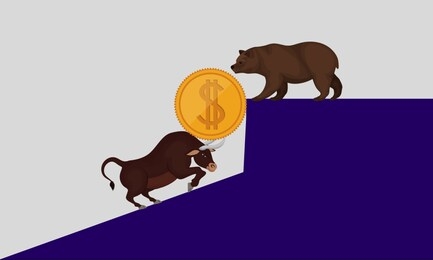 bullish or bearish symbol. concept to describe the battle between seller and buyer prices on the stock market.