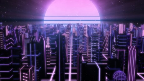 fly over neon city outrun synthwave buildings with 80s retro sun - abstract background texture