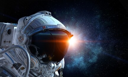 astronaut pioneer doing research. mixed media