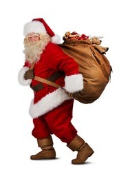 santa claus on the run to delivery christmas gifts isolated on white background