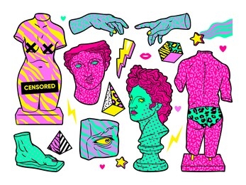 acid ancient sculpture illustrations in trendy psychedelic cosmic style.