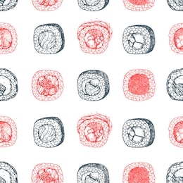 sushi and rolls seamless pattern, vector illustration. hand drawn sketch. japanese food menu design. vintage vector elements for japanese cuisine menu. retro style design. food and drink background. 