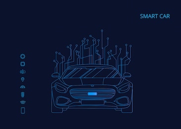 smart or intelligent car vector concept. futuristic automotive technology with autonomous driving, driverless cars. vector illustration. neon light. icons