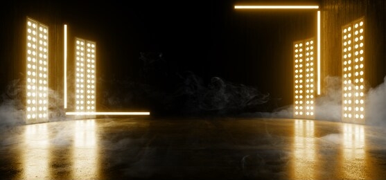 smoke fog futuristic sci fi yellow pantone glowing laser neon beams virtual cyber garage stage studio hallway parking showcase 3d rendering illustration