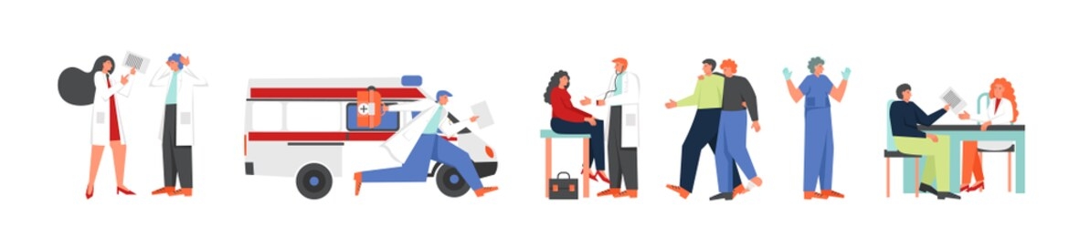 doctors and sick patients, flat illustration isolated on white background. ambulance service, medical exam, prescription, surgery. medicine and healthcare concept for web banner, website page.