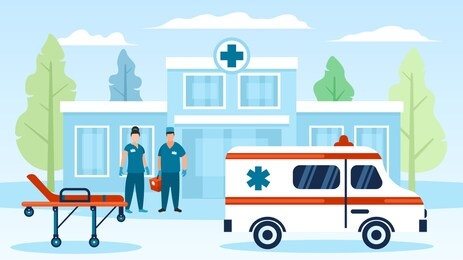 ambulance car, doctors, hospital wheel bad, building vector illustration. man, women physicians in uniform, surgical gloves standing with first aid kit. healthcare, medical treatment, transportation.