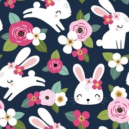 seamless vector pattern with cute white rabbits on floral background. perfect for textile, wallpaper or print design. 