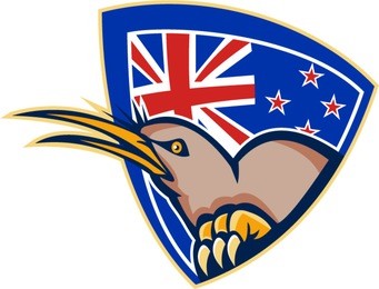 illustration of an angry kiwi bird head viewed from side with new zealand flag in background set inside crest shield done in retro style.